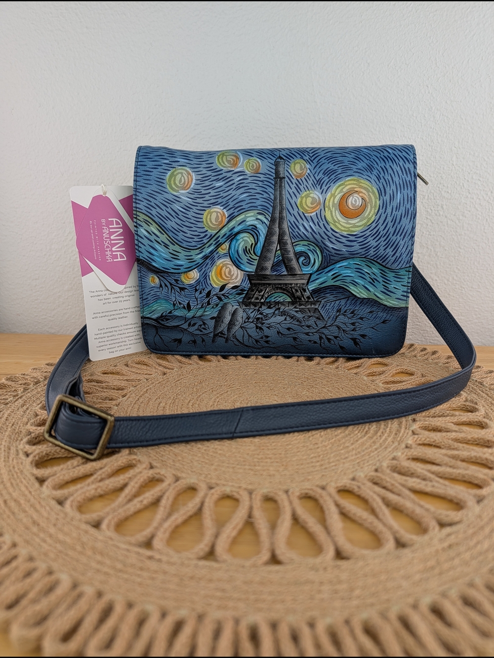Anuschka Love In Paris Leather Starry Eiffel Tower Saddle Crossbody Bag Van Gogh